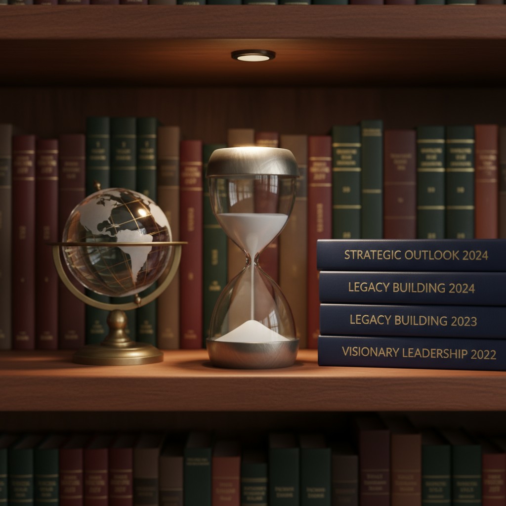 Glass hourglass and books stacked atop wooden shelves.